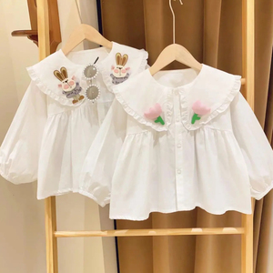 女童小兔子衬衫2023秋新款童装儿童白色衬衣娃娃领上衣宝宝娃娃衫