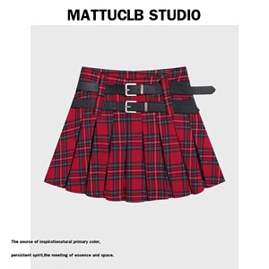 MATTUCLB丨格子半身裙女高腰A字显瘦JK美式校园辣妹皮带百褶短裙