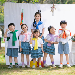六一儿童演出服套装亲子舞蹈服牛仔裙彩色披肩小学生运动会班服