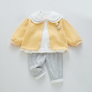 2024新款宝宝衬衫套装周岁女童三件套婴儿洋气外套婴幼儿春秋女宝