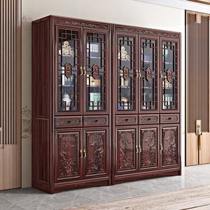 新中式红木实木书柜客厅书房一体整墙储物柜子酸枝木玻璃门置物架
