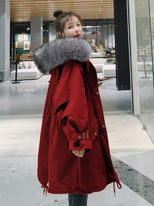 大码女装棉衣冬季派克服兔毛女士中长款胖mm加绒加厚棉服红色外套