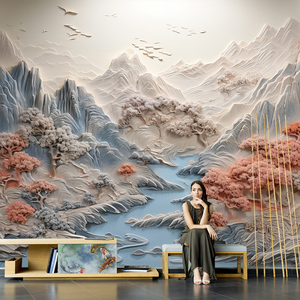 新中式山水风景墙布客厅电视背景墙纸立体仿浮雕大堂影视无缝壁画
