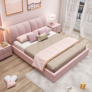 科技布床现代简约公主床粉色小户型双人床布艺主卧大床软包可拆洗