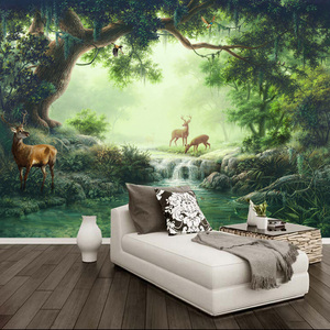 3D立体风景画麋鹿森林壁纸客厅沙发卧室床头墙布欧式电视背景墙纸