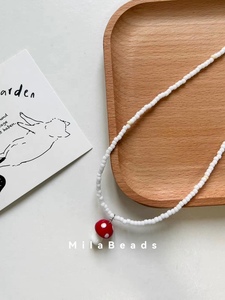 MilaBeads可爱童趣琉璃红色小蘑菇吊坠进口米珠串珠长款百搭项链