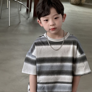 24夏款新款中小童男童韩国童装灰色200克渐变条纹短袖圆领T恤上衣