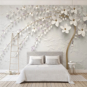 现代简约3d立体浮雕花朵蓝色清新电视背景墙卧室床头花卉墙纸壁画