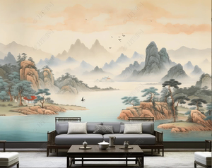 唯美中国风工笔山水新中式国画山水背景墙酒店公司办公室墙纸壁画