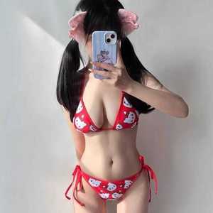 日系可爱少女甜美性感红色温泉度假小胸辣妹罩衫内衣比基尼泳衣女