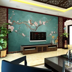 8d新中式花鸟电视背景墙壁纸梅花古风轻奢壁布客厅影视墙壁画墙布