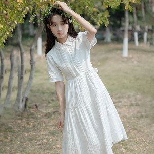 法式学院风白色连衣裙女夏季2024新款甜美初恋小白裙收腰衬衫长裙