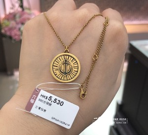 香港六福珠宝专柜正品990足金黄金电黑硬金圆牌项链一体套链个性
