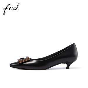 fed浅口单鞋秋季新款女鞋猫跟低跟尖头女士黑色职业鞋928-ZCA389