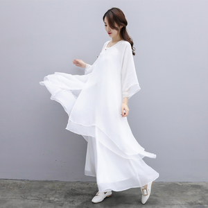 禅舞服装女套装中国风禅意超仙白色仙女裙改良新中式古风连衣裙