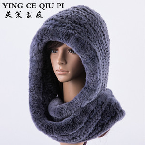 新款兔毛帽子 冬季韩版獭兔编织帽 冬天保暖加厚围巾一体皮草女士
