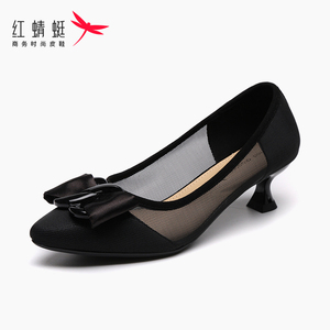 红蜻蜓女鞋蝴蝶结蕾丝5公分低跟高跟鞋女2024新款夏季凉鞋透气黑