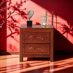 中式实木床头柜现代简约雕花格木收纳柜免安装卧室家用床边小柜子