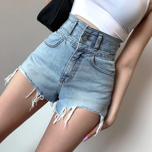韩国东大门正品代购新款设计感高腰牛仔短裤女夏季显瘦毛边热裤