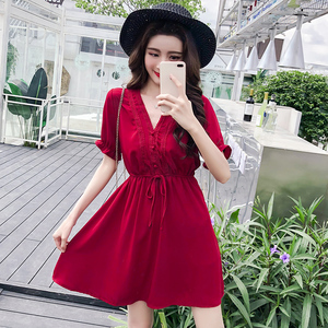 2024流行夏天小个子短裙子很仙的法国小众桔梗裙仙女裙红色连衣裙