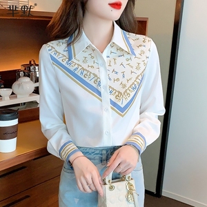 衬衫女春秋新款韩版长袖设计感小众洋气时尚印花雪纺衬衣百搭上衣