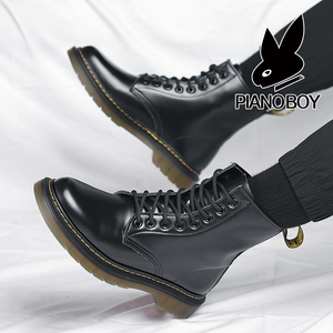 牛筋底马丁靴男款中帮黑色8孔男式高级感亮皮系带防水防滑工装靴