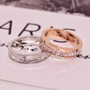 韩版刻十字纹镶钻戒指单排钻圈指环女饰品18K玫瑰金钛钢戒子食指
