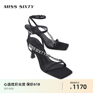 Miss Sixty2024夏季新款凉鞋女钻饰气质方头法式细高跟鞋黑色薄底
