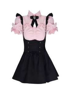 奶系学院风套装女甜酷少女粉红色飞飞袖衬衫绑带黑色背带裙连衣裙