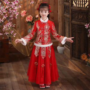 汉服女童秋冬加绒加厚古风套装裙新年装儿童古装中国风红色拜年服