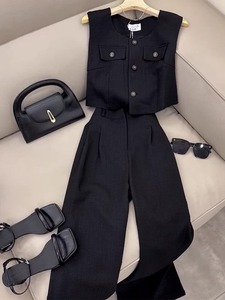 干练气质女装通勤高级感黑色小香风马甲西装长裤两件套装夏季薄款