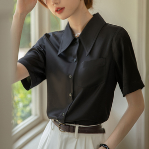 夏季女士黑色衬衫女上衣短袖职业气质通勤缎面高级感面试正装衬衣