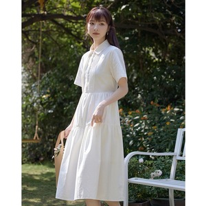 【今日半价】品牌折扣法式风琴褶连衣裙女短袖夏季白色系带衬衫裙