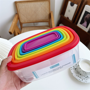 高品质彩虹保鲜盒七个食品级食物果蔬微波专用冰箱收纳密封圆形