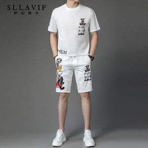 萨拉维夫潮牌印花小熊短袖运动套装男夏季青年休闲短裤t桖两件套