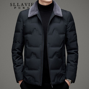萨拉维夫高端毛领轻薄款羽绒服男短款冬季中青年时尚修身保暖外套