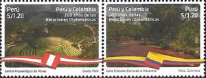 秘鲁2022年与哥伦比亚建交百年世界遗产莫瑞圆形梯田等国旗2全新