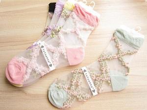 日本原单森女系复古透明水晶丝花朵环绕提花玻璃丝纯棉女薄短袜子