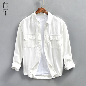 春季日系复古工装高级感长袖衬衫男宽松美式休闲纯棉衬衣外套白色