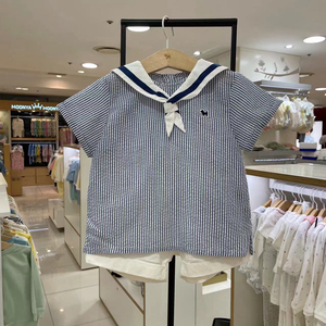 韩国童装 24夏男女童蓝白条纹海军领短袖衬衣 白短裤洋气韩版套装