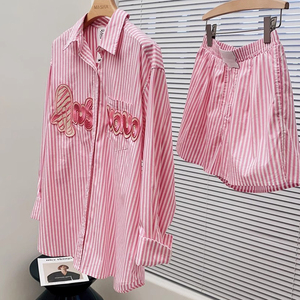 欧货运动套装女春夏休闲时尚度假粉色衬衫短裤小香风防晒两件衬衣