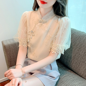 新中式旗袍式上衣女夏季2024新款独特小衫设计感小众短袖雪纺衬衫