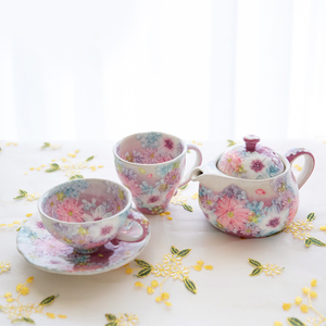 现货一丁目日本进口濑户烧女子工坊手绘色彩花茶壶咖啡杯马克杯子
