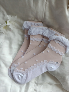 兔兔家原D玻璃丝袜子棉底提花仙女白色中筒女袜可爱日系风卡丝袜