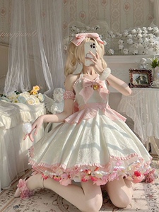 春夏甜美lolita魔法少女白粉色蝴蝶结挂脖绑带公主洋装吊带连衣裙