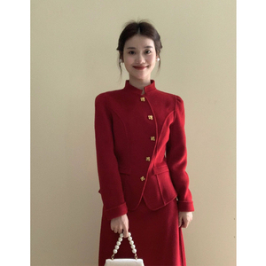新中国老钱国风大红色外套半身裙套装女秋冬正式场合新中式两件套