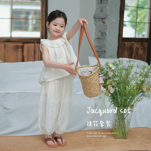 蓝小爸女童提花套装2024夏季新款儿童韩版小众宝宝精致刺绣两件套