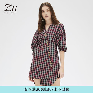Z11女装 夏季新款显瘦修身A字复古格子不对称高腰连衣裙衬衫