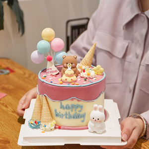 卡通可爱小动物生日蛋糕装饰摆件小熊小兔子迷你生日帽气球插件