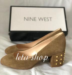 国现 清仓 nine west 麂皮牛皮铆钉粗跟中跟圆头高跟鞋 单鞋